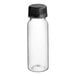 A clear plastic bottle with a black cap.