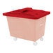 A red plastic hinged lid for a Royal Basket Trucks poly cart.