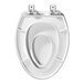 A white Mayfair elongated toilet seat with hinges.