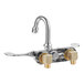 A T&S wall-mounted faucet with gooseneck spout and wrist action handles.