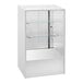 A white glass display showcase with adjustable shelves and sliding door.