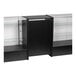A black cabinet with glass shelves.