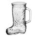 A case of 12 clear glass boot-shaped beer mugs with handles.
