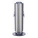 A close-up of a ZonePro customizable dual rolling stanchion with blue and silver accents.