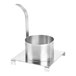 A stainless steel funnel cake mold stand with a long handle.