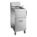 A large stainless steel Vulcan floor fryer with digital controls and a filtration system.