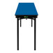 A blue rectangular National Public Seating folding table with black legs.
