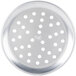 An American Metalcraft heavy weight silver aluminum circular pizza pan with perforations.