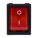 A red switch with a white circle and white text.