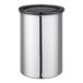 A brushed stainless steel Planetary Design round container with a black lid.