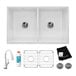 A white Elkay double bowl farmhouse sink with a filtered faucet and drain.