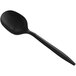 A black plastic soup spoon with a long handle.