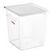 An Araven clear plastic food storage container with a red lid.