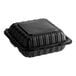 A black plastic Choice hinged take-out container with 3 compartments.