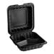 A black Choice plastic hinged take-out container with 3 compartments and a square lid.