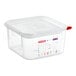A clear plastic Araven food storage container with a red lid.