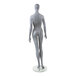 A full shot of a slate female oval head mannequin with arms at sides and left leg bent.