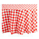 A red and white checkered Table Mate plastic table cover.