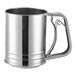 A silver stainless steel cup with a handle.