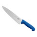 A Victorinox chef knife with a blue handle.