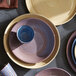 A variety of blue and white Libbey Canyonlands stoneware bowls on a table.