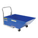 A blue mobile low profile steel parts hopper with wheels.