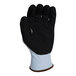 A pair of light blue gloves with black HCT microfoam nitrile coating.
