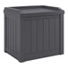 A black Suncast resin deck box with a lid.