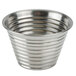 An American Metalcraft stainless steel round ribbed sauce cup on a white background.