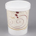 A white Solo paper soup cup with a swirl design on it and a white vented paper lid.
