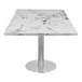 A white marble Art Marble Furniture table top on a stainless steel base.