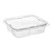 A clear Inline Plastics rectangular hinged container with a flat lid.