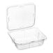 A case of 150 clear Inline Plastics rectangular hinged deli containers with flat lids.