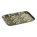 A black rectangular Cambro serving tray with yellow beer designs and text.