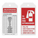 A white rectangular box of Accuform cardstock fire extinguisher tags with black text on the front.