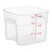 A Cambro translucent square polypropylene food storage container with measurements in red.