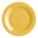 A close up of a yellow Acopa Foundations wide rim melamine plate.