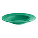 A green bowl with a wide rim on a white background.
