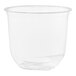 A clear plastic Tossware cup with a rounded bottom.