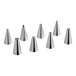 A set of shiny stainless steel Wilton pastry tips.