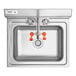 A stainless steel Regency wall mounted hand sink with faucet and knobs and orange handles.