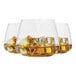 Three Tossware plastic rocks glasses with ice and amber liquid.