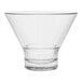 A clear Tossware plastic stemless martini glass with a clear cone-shaped bottom and clear rim.