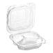 A Genpak clear plastic hinged container with 3 compartments and a lid.