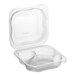 A Genpak clear plastic hinged container with three compartments.