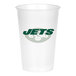 A white plastic Creative Converting New York Jets cup with green text and a green and white logo.