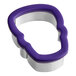 A Wilton metal cookie cutter with a purple handle and a skull design.