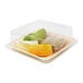 A Front of the House PET plastic square plate lid on a plastic container with food in it.