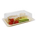 A clear plastic Front of the House Servewise container lid over food.