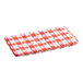 A red and white checkered Table Mate table cover on a table.